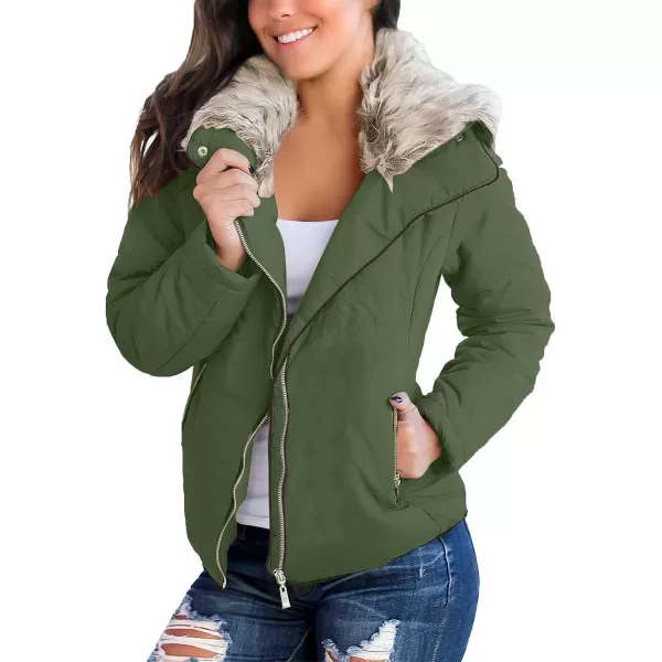 luvamia Women Casual Warm Winter Faux Fur Quilted Parka Lapel Zip Jacket Puffer CoatD Broute Green With Fur Lapel