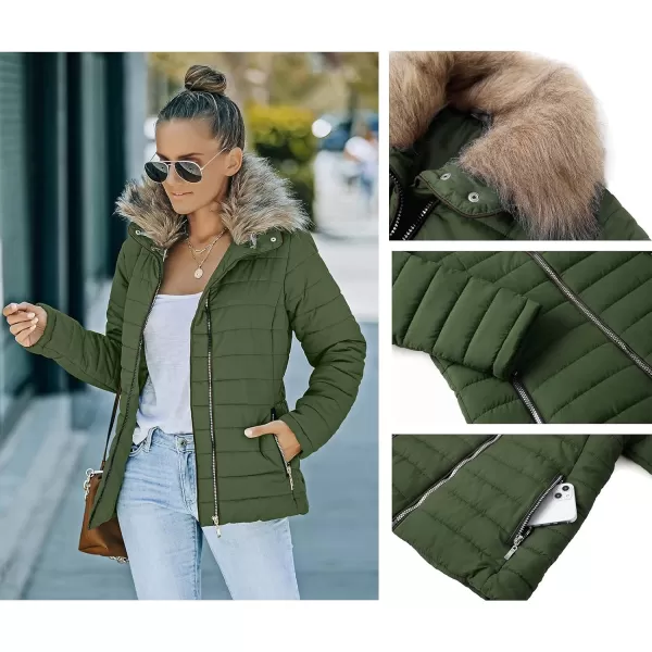 luvamia Women Casual Warm Winter Faux Fur Quilted Parka Lapel Zip Jacket Puffer CoatD Broute Green With Fur Lapel