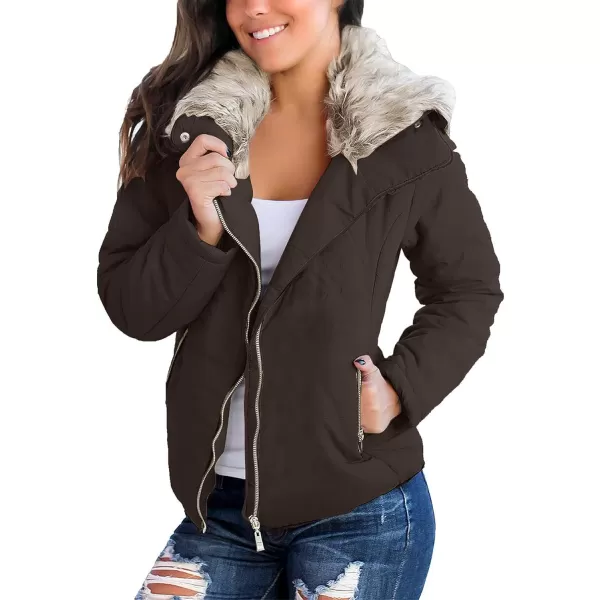 luvamia Women Casual Warm Winter Faux Fur Quilted Parka Lapel Zip Jacket Puffer CoatDark Oak