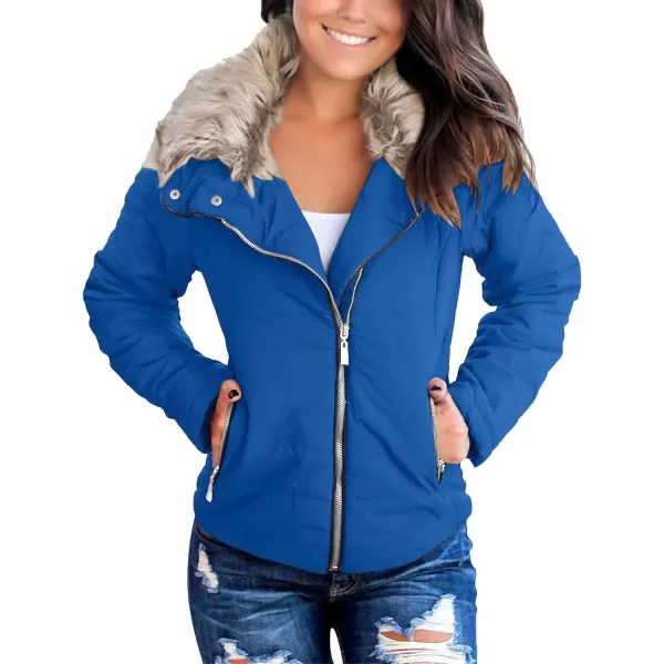 luvamia Women Casual Warm Winter Faux Fur Quilted Parka Lapel Zip Jacket Puffer CoatDirectorire Blue