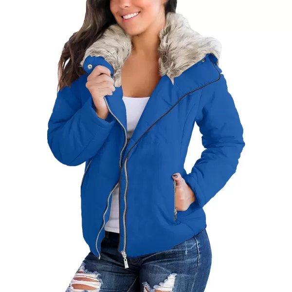 luvamia Women Casual Warm Winter Faux Fur Quilted Parka Lapel Zip Jacket Puffer CoatDirectorire Blue