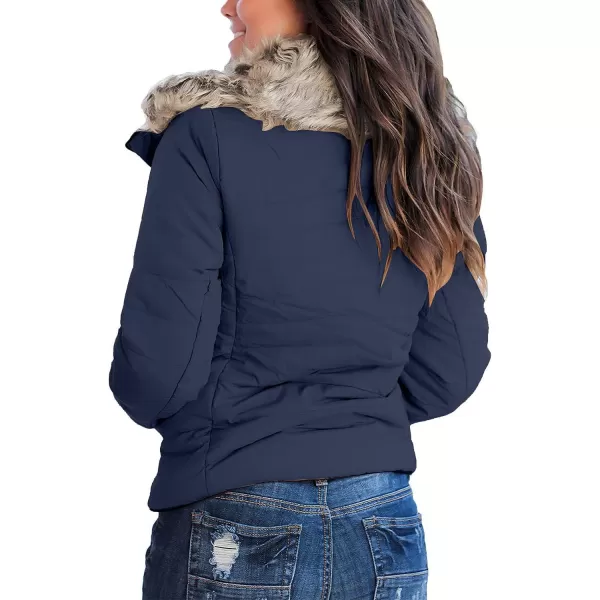 luvamia Women Casual Warm Winter Faux Fur Quilted Parka Lapel Zip Jacket Puffer CoatE Estate Blue With Fur Lapel