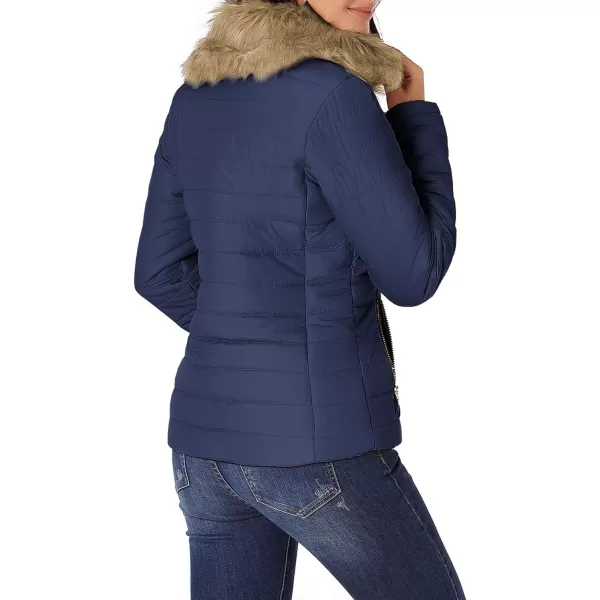 luvamia Women Casual Warm Winter Faux Fur Quilted Parka Lapel Zip Jacket Puffer CoatE Estate Blue With Fur Lapel