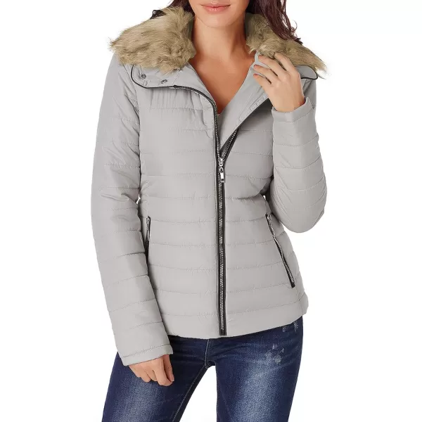 luvamia Women Casual Warm Winter Faux Fur Quilted Parka Lapel Zip Jacket Puffer CoatE Glacier Grey With Fur Lapel