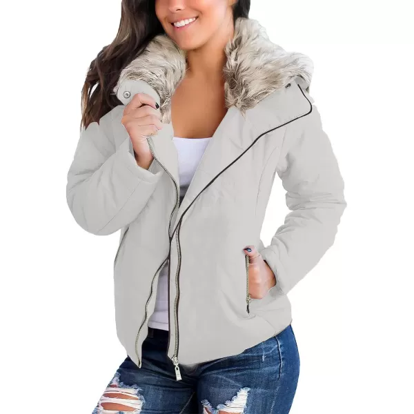 luvamia Women Casual Warm Winter Faux Fur Quilted Parka Lapel Zip Jacket Puffer CoatE Glacier Grey With Fur Lapel