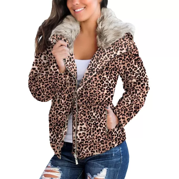 luvamia Women Casual Warm Winter Faux Fur Quilted Parka Lapel Zip Jacket Puffer CoatE Leopard Print With Fur Lapel