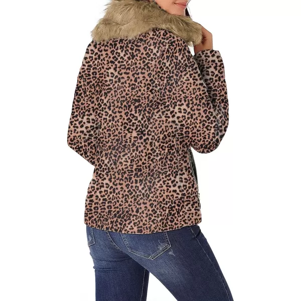 luvamia Women Casual Warm Winter Faux Fur Quilted Parka Lapel Zip Jacket Puffer CoatE Leopard Print With Fur Lapel