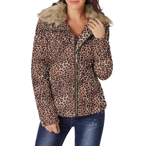 luvamia Women Casual Warm Winter Faux Fur Quilted Parka Lapel Zip Jacket Puffer CoatE Leopard Print With Fur Lapel