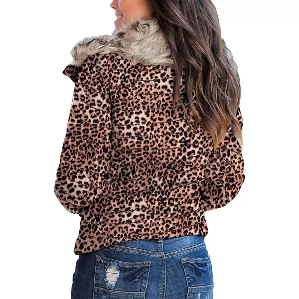 luvamia Women Casual Warm Winter Faux Fur Quilted Parka Lapel Zip Jacket Puffer CoatE Leopard Print With Fur Lapel