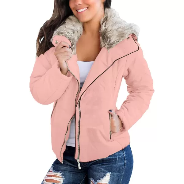 luvamia Women Casual Warm Winter Faux Fur Quilted Parka Lapel Zip Jacket Puffer CoatE Powder Pink With Fur Lapel