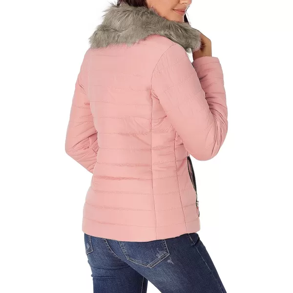 luvamia Women Casual Warm Winter Faux Fur Quilted Parka Lapel Zip Jacket Puffer CoatE Powder Pink With Fur Lapel