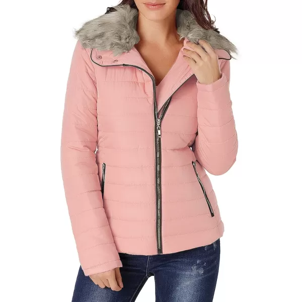 luvamia Women Casual Warm Winter Faux Fur Quilted Parka Lapel Zip Jacket Puffer CoatE Powder Pink With Fur Lapel