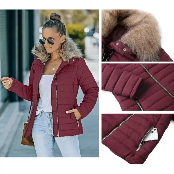 luvamia Women Casual Warm Winter Faux Fur Quilted Parka Lapel Zip Jacket Puffer CoatE Tawny Port With Fur Lapel