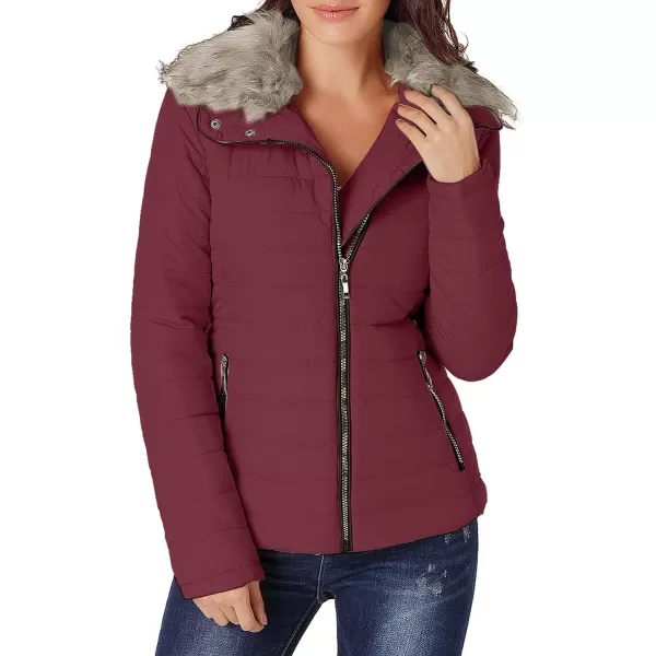 luvamia Women Casual Warm Winter Faux Fur Quilted Parka Lapel Zip Jacket Puffer CoatE Tawny Port With Fur Lapel