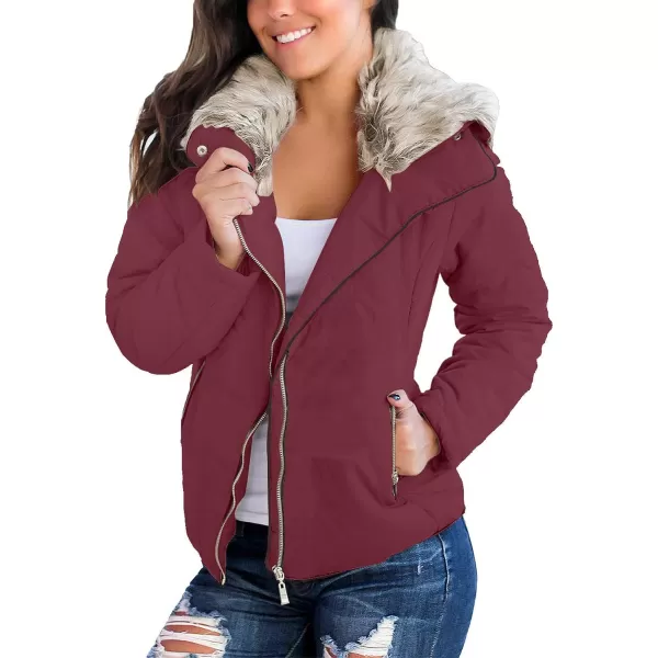 luvamia Women Casual Warm Winter Faux Fur Quilted Parka Lapel Zip Jacket Puffer CoatE Tawny Port With Fur Lapel