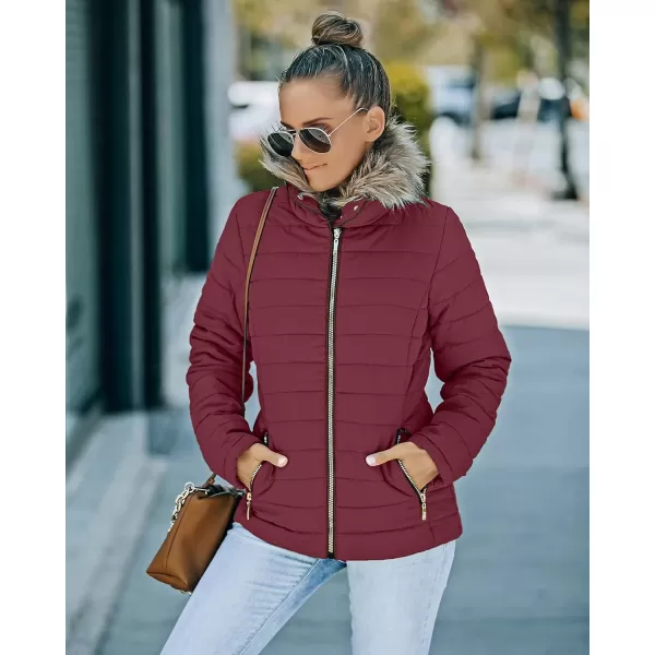 luvamia Women Casual Warm Winter Faux Fur Quilted Parka Lapel Zip Jacket Puffer CoatE Tawny Port With Fur Lapel