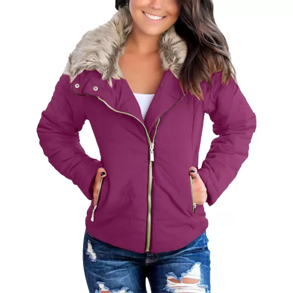 luvamia Women Casual Warm Winter Faux Fur Quilted Parka Lapel Zip Jacket Puffer CoatPurple Wine