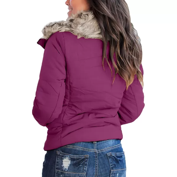 luvamia Women Casual Warm Winter Faux Fur Quilted Parka Lapel Zip Jacket Puffer CoatPurple Wine