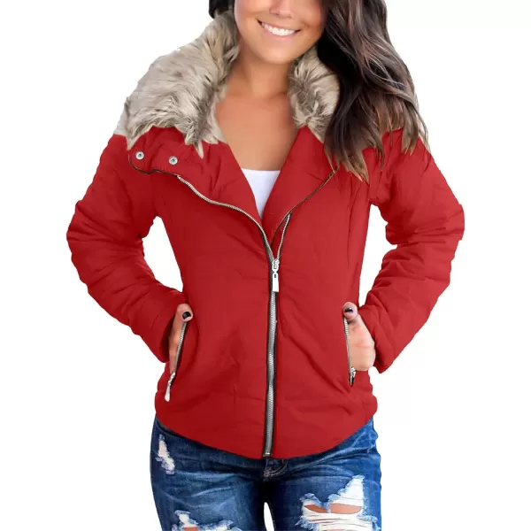 luvamia Women Casual Warm Winter Faux Fur Quilted Parka Lapel Zip Jacket Puffer CoatTrue Red