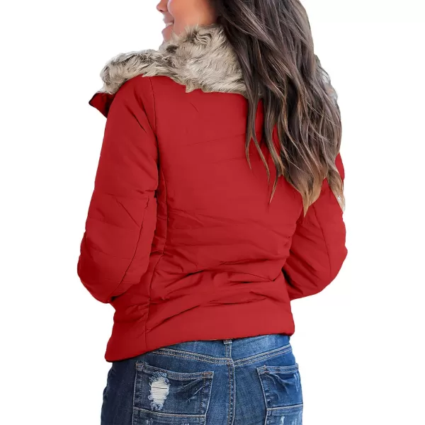luvamia Women Casual Warm Winter Faux Fur Quilted Parka Lapel Zip Jacket Puffer CoatTrue Red