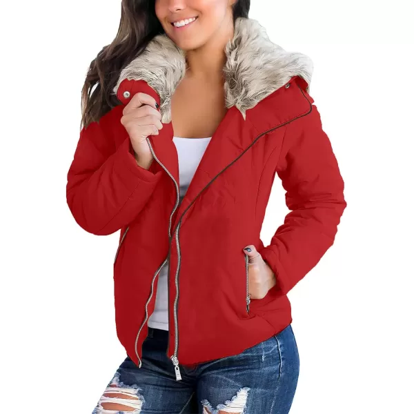 luvamia Women Casual Warm Winter Faux Fur Quilted Parka Lapel Zip Jacket Puffer CoatTrue Red