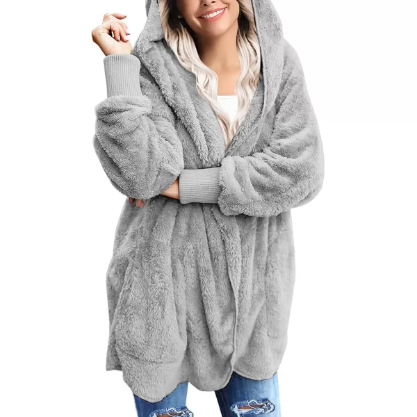 luvamia Women Fuzzy Fleece Open Front Pockets Hooded Cardigan Jacket Coat OutwearA Quite Gray