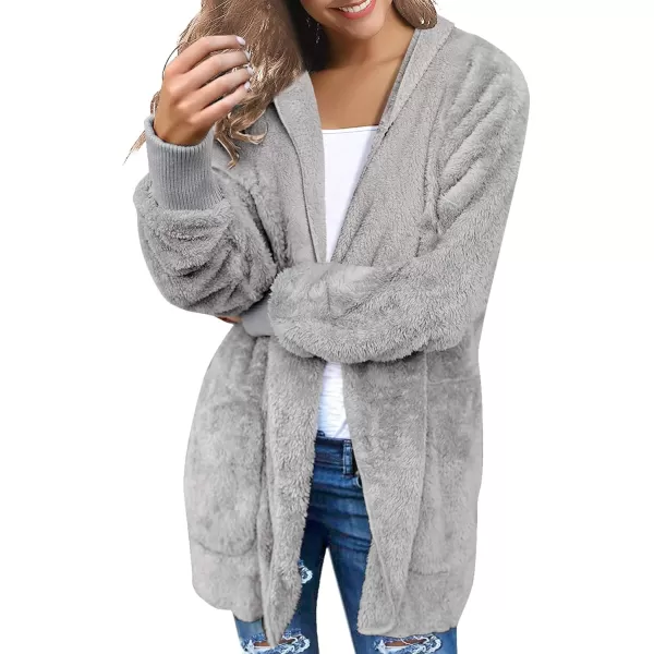 luvamia Women Fuzzy Fleece Open Front Pockets Hooded Cardigan Jacket Coat OutwearA Quite Gray