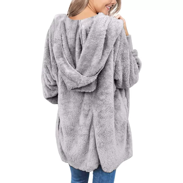 luvamia Women Fuzzy Fleece Open Front Pockets Hooded Cardigan Jacket Coat OutwearA Quite Gray