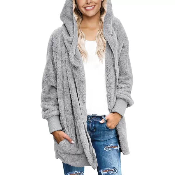 luvamia Women Fuzzy Fleece Open Front Pockets Hooded Cardigan Jacket Coat OutwearA Quite Gray