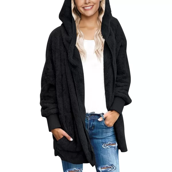 luvamia Women Fuzzy Fleece Open Front Pockets Hooded Cardigan Jacket Coat OutwearB Black