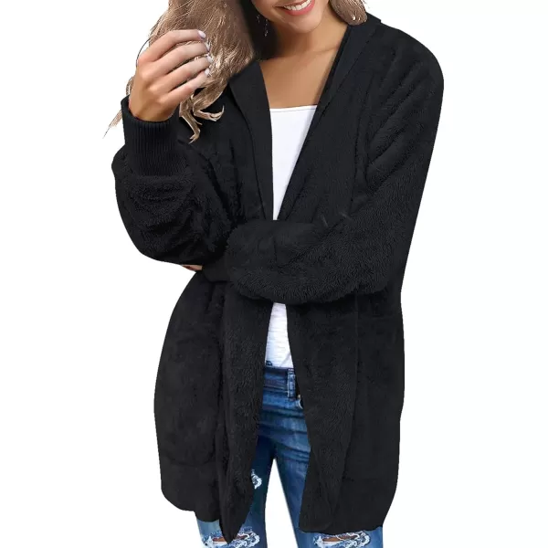 luvamia Women Fuzzy Fleece Open Front Pockets Hooded Cardigan Jacket Coat OutwearB Black