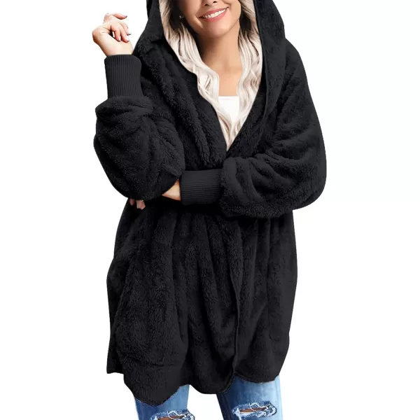 luvamia Women Fuzzy Fleece Open Front Pockets Hooded Cardigan Jacket Coat OutwearB Black