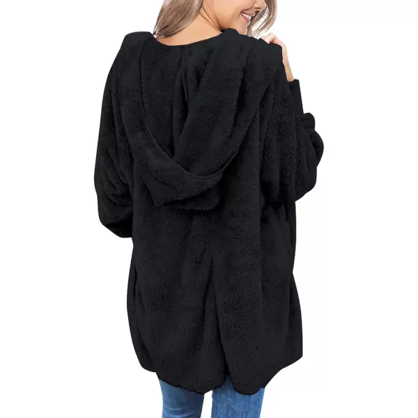 luvamia Women Fuzzy Fleece Open Front Pockets Hooded Cardigan Jacket Coat OutwearB Black