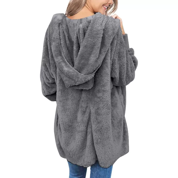 luvamia Women Fuzzy Fleece Open Front Pockets Hooded Cardigan Jacket Coat OutwearB Steel Gray