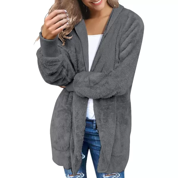 luvamia Women Fuzzy Fleece Open Front Pockets Hooded Cardigan Jacket Coat OutwearB Steel Gray