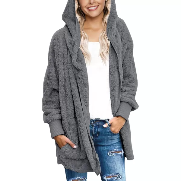 luvamia Women Fuzzy Fleece Open Front Pockets Hooded Cardigan Jacket Coat OutwearB Steel Gray