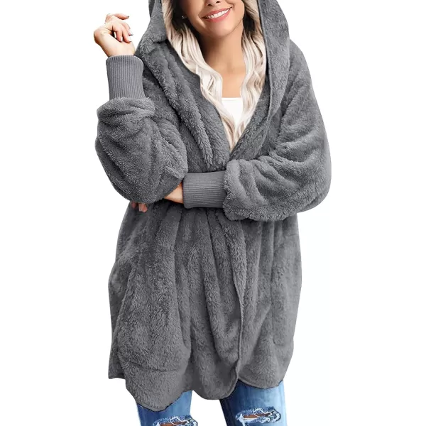 luvamia Women Fuzzy Fleece Open Front Pockets Hooded Cardigan Jacket Coat OutwearB Steel Gray