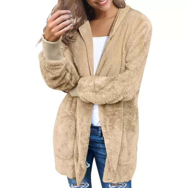 luvamia Women Fuzzy Fleece Open Front Pockets Hooded Cardigan Jacket Coat OutwearC Beige