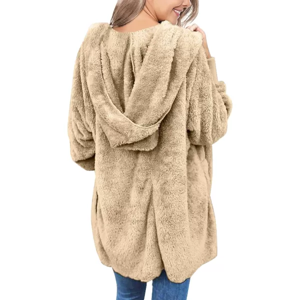 luvamia Women Fuzzy Fleece Open Front Pockets Hooded Cardigan Jacket Coat OutwearC Beige