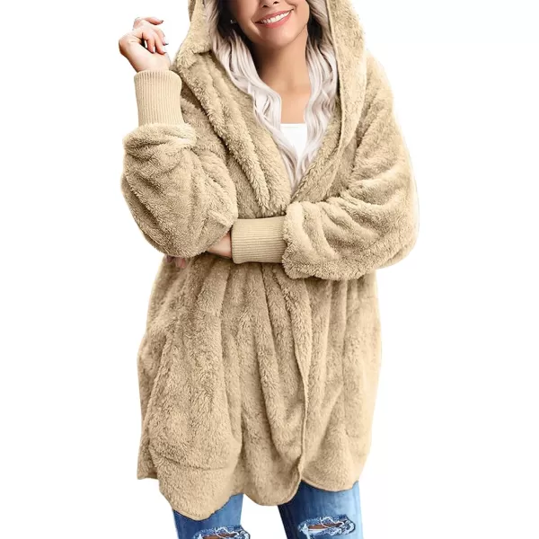 luvamia Women Fuzzy Fleece Open Front Pockets Hooded Cardigan Jacket Coat OutwearC Beige