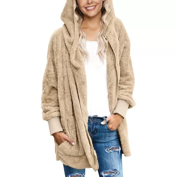 luvamia Women Fuzzy Fleece Open Front Pockets Hooded Cardigan Jacket Coat OutwearC Beige