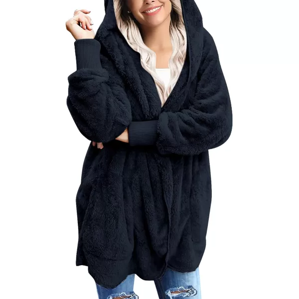 luvamia Women Fuzzy Fleece Open Front Pockets Hooded Cardigan Jacket Coat OutwearC Pageant Blue