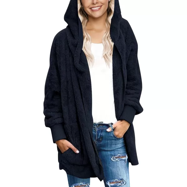 luvamia Women Fuzzy Fleece Open Front Pockets Hooded Cardigan Jacket Coat OutwearC Pageant Blue