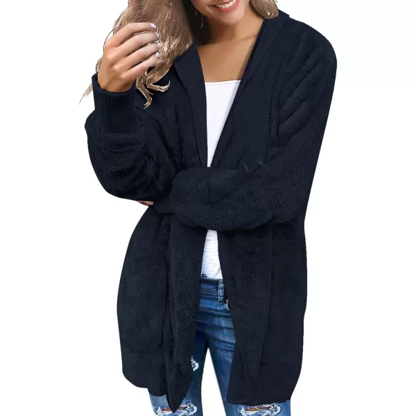 luvamia Women Fuzzy Fleece Open Front Pockets Hooded Cardigan Jacket Coat OutwearC Pageant Blue