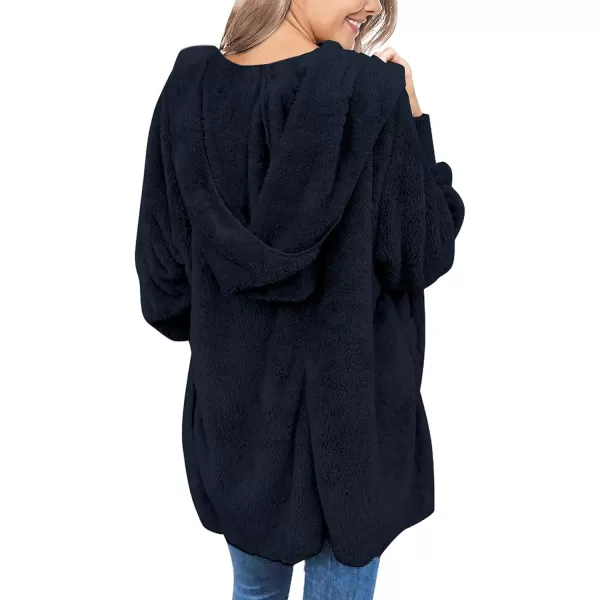 luvamia Women Fuzzy Fleece Open Front Pockets Hooded Cardigan Jacket Coat OutwearC Pageant Blue