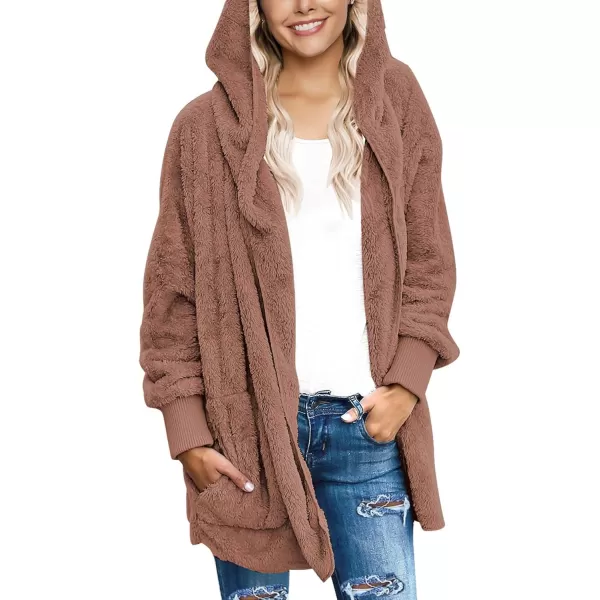 luvamia Women Fuzzy Fleece Open Front Pockets Hooded Cardigan Jacket Coat OutwearC Rose Dawn