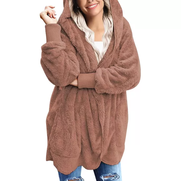 luvamia Women Fuzzy Fleece Open Front Pockets Hooded Cardigan Jacket Coat OutwearC Rose Dawn