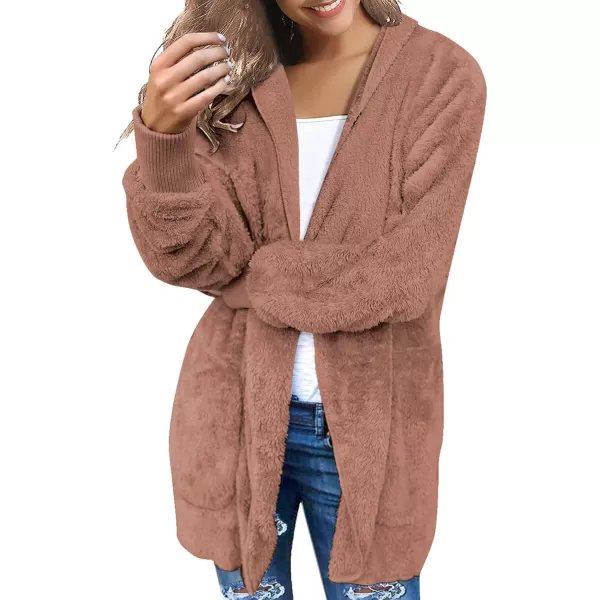 luvamia Women Fuzzy Fleece Open Front Pockets Hooded Cardigan Jacket Coat OutwearC Rose Dawn