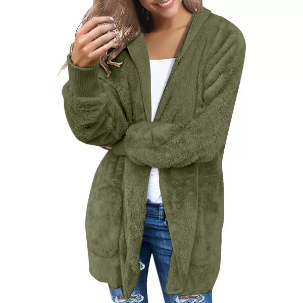 luvamia Women Fuzzy Fleece Open Front Pockets Hooded Cardigan Jacket Coat OutwearC Winter Moss