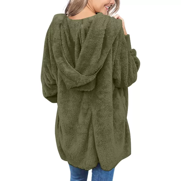 luvamia Women Fuzzy Fleece Open Front Pockets Hooded Cardigan Jacket Coat OutwearC Winter Moss